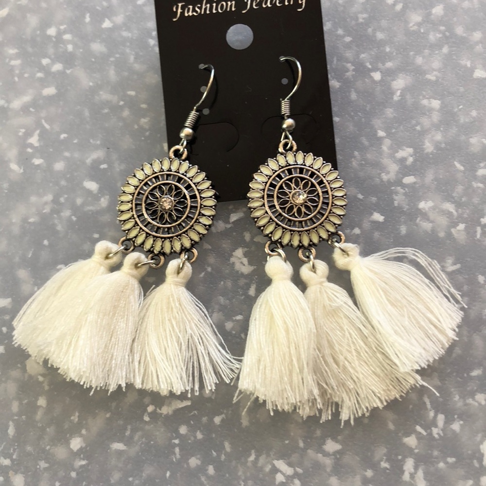 Boho style cream fringe earrings